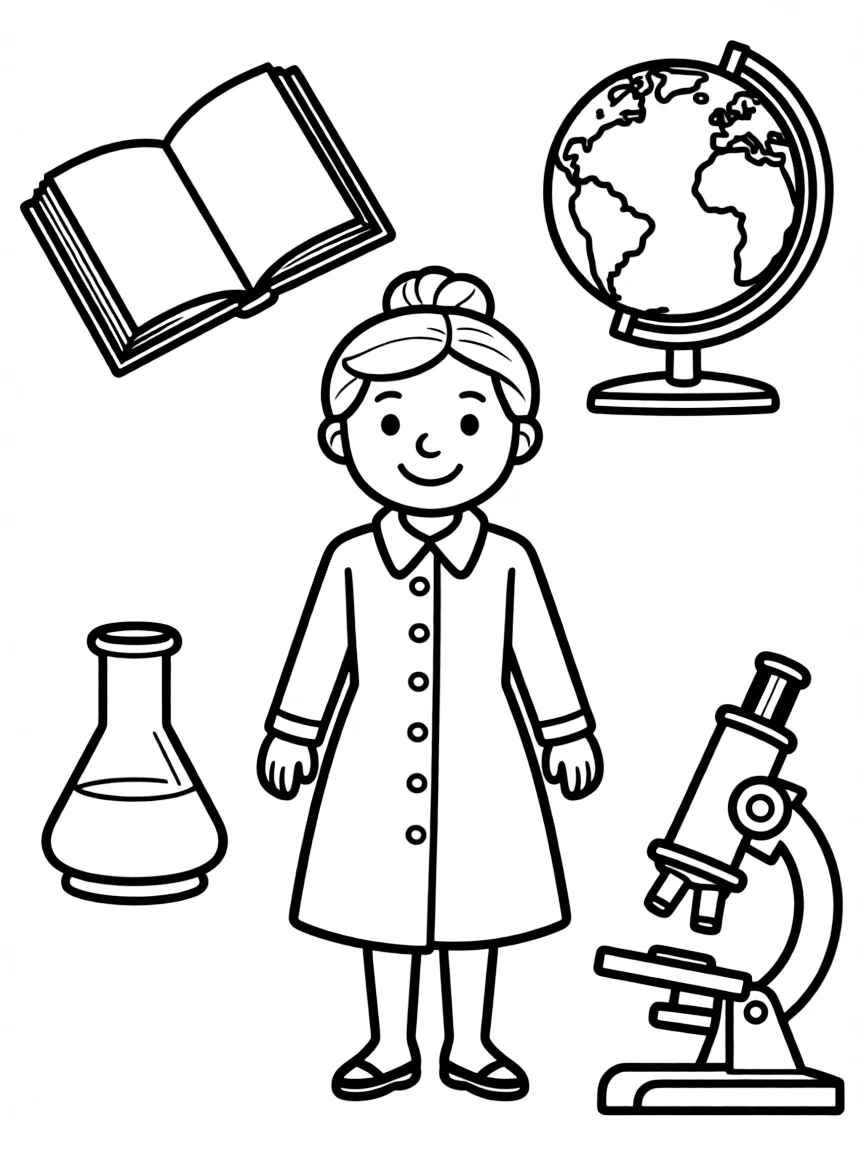 A cartoon-style drawing of Marie Curie surrounded by symbols of their achievements, like books, tools, or globes.