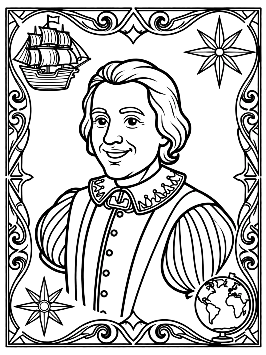 A portrait of Christopher Columbus with a big smile, framed with decorative borders and symbols of their time period.