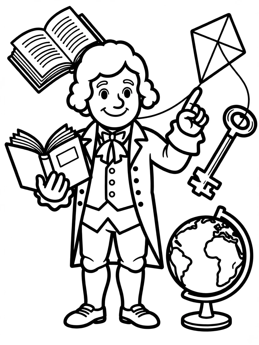 A cartoon-style drawing of Benjamin Franklin surrounded by symbols of their achievements, like books, tools, or globes.