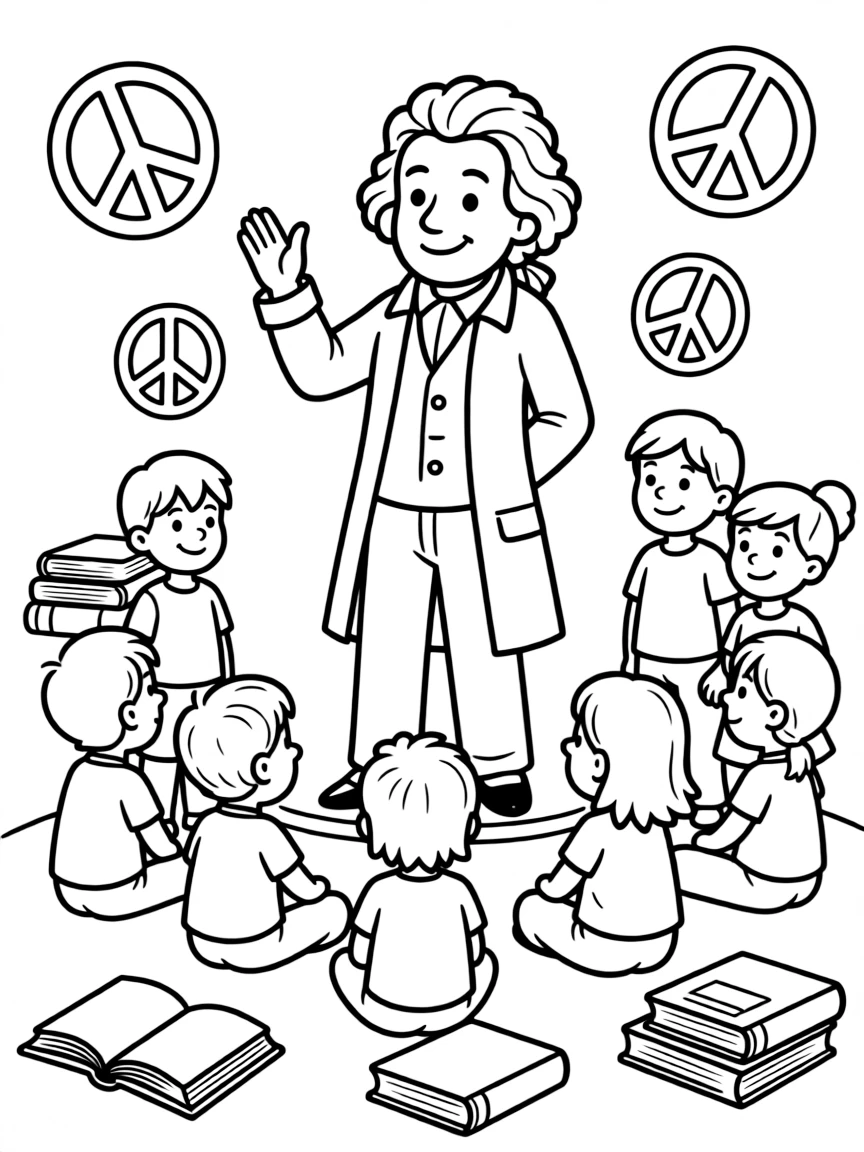 A fun coloring page of Beethoven giving a speech to children with books and peace signs around.