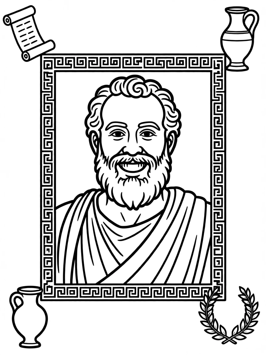 A portrait of Socrates with a big smile, framed with decorative borders and symbols of their time period.