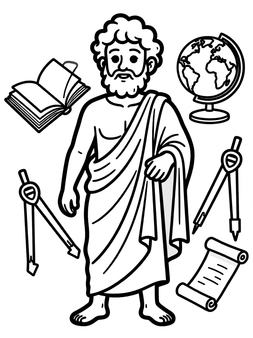 A cartoon-style drawing of Plato surrounded by symbols of their achievements, like books, tools, or globes.