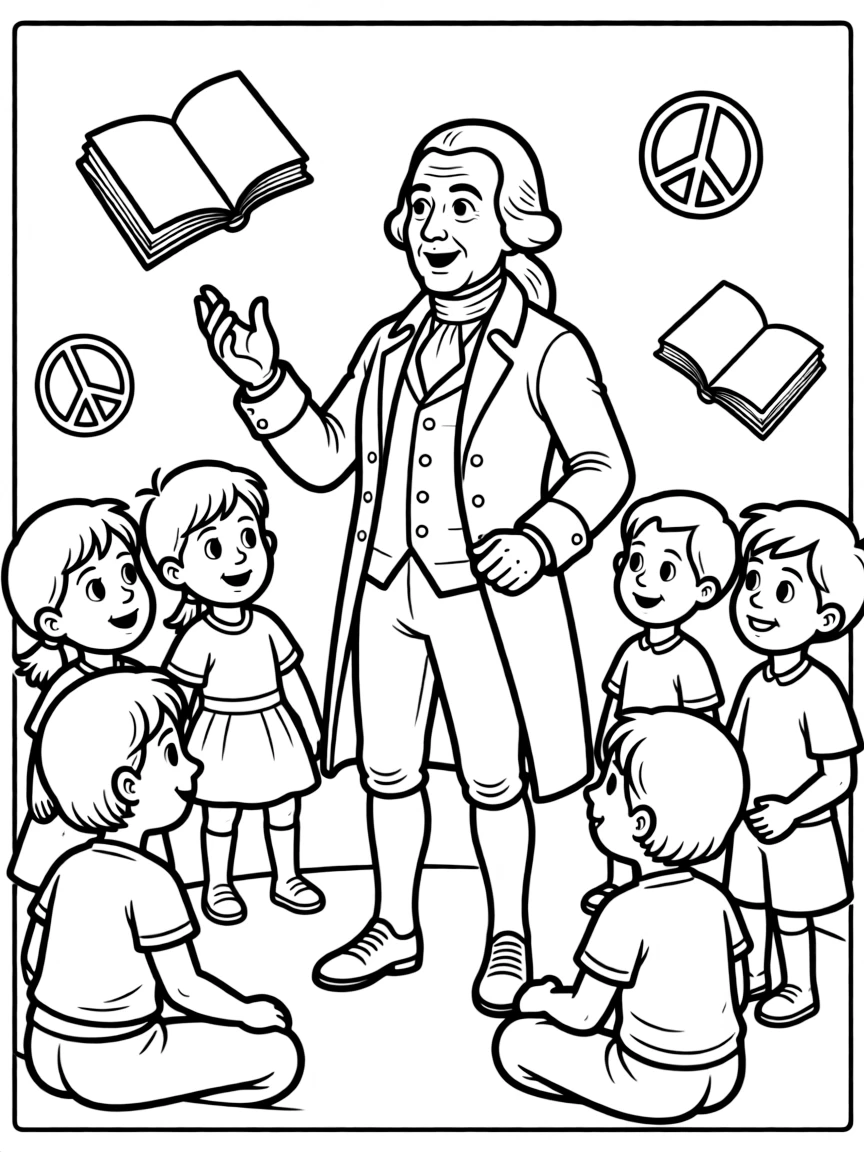 A fun coloring page of Benjamin Franklin giving a speech to children with books and peace signs around.