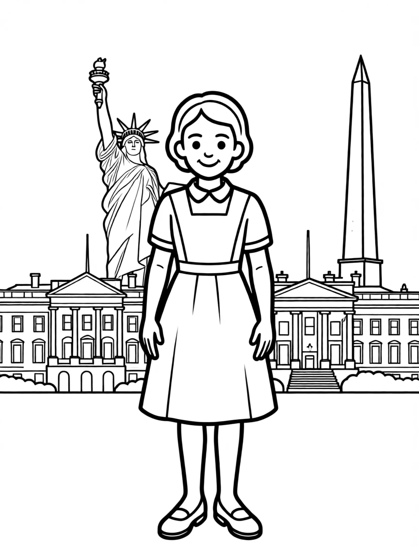 Helen Keller standing proudly with historical landmarks in the background, drawn with clear bold lines for coloring.