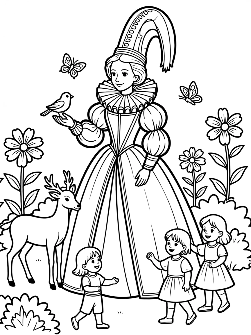 A playful scene showing Queen Elizabeth I in a historical outfit with animals, plants, or kids nearby.