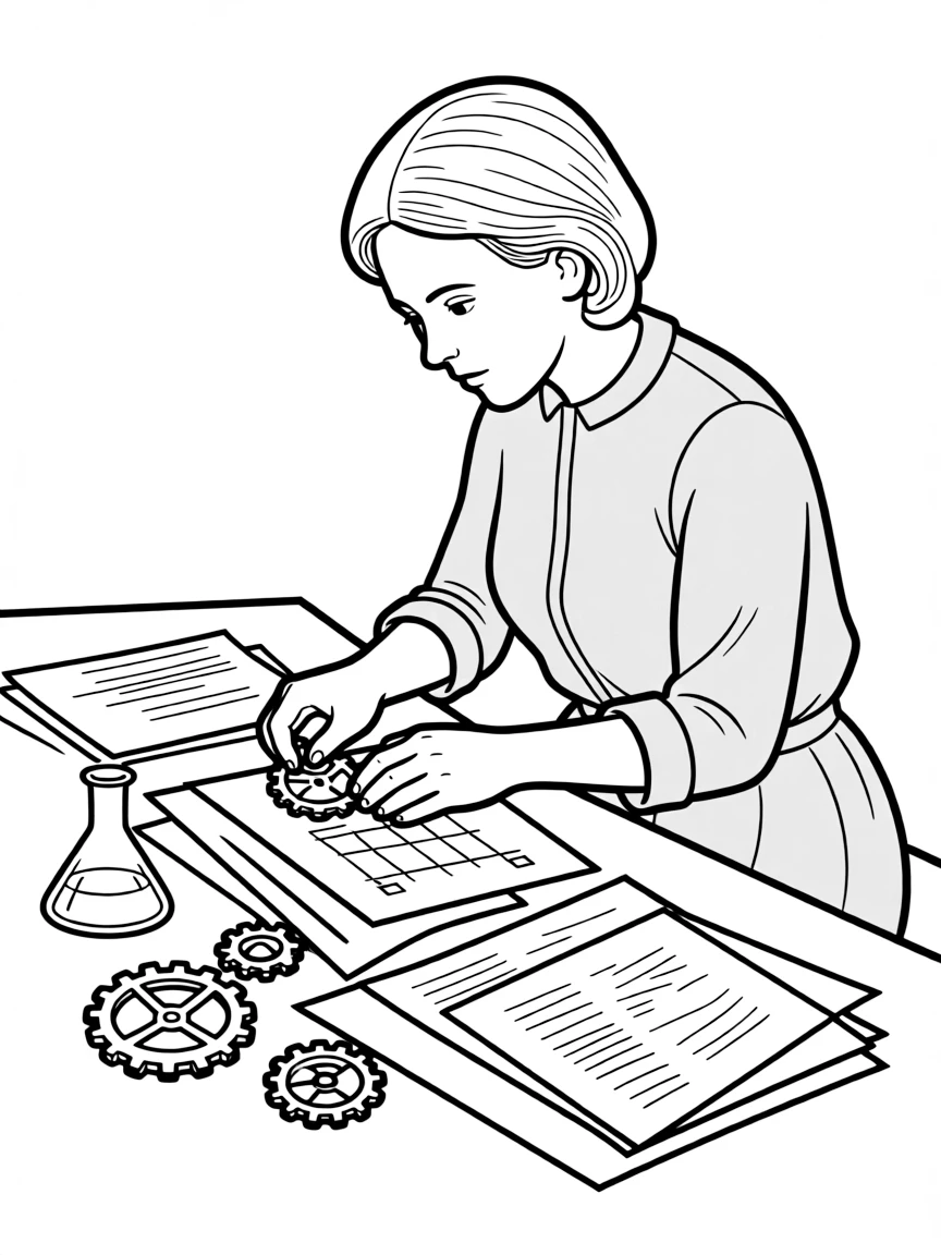 Helen Keller working on their famous invention or idea, with gears, papers, or lab equipment drawn simply.