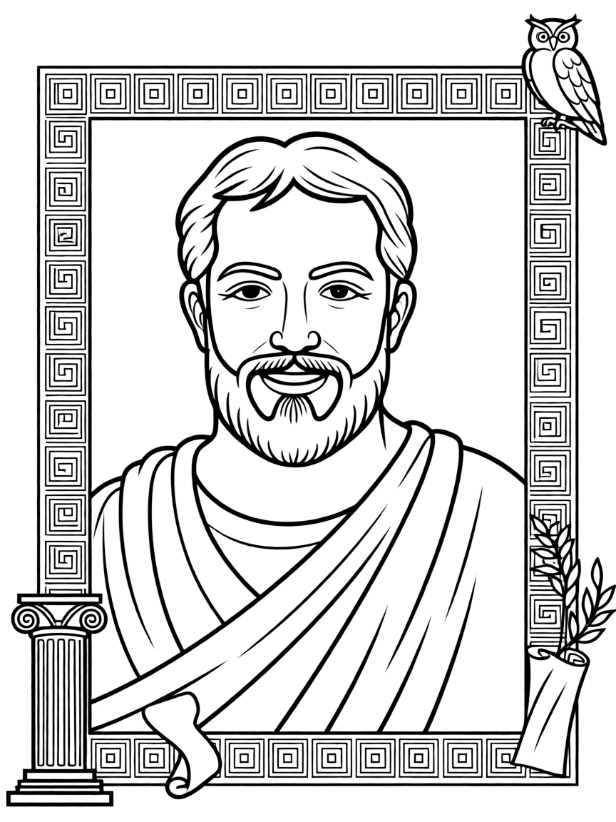 A portrait of Plato with a big smile, framed with decorative borders and symbols of their time period.