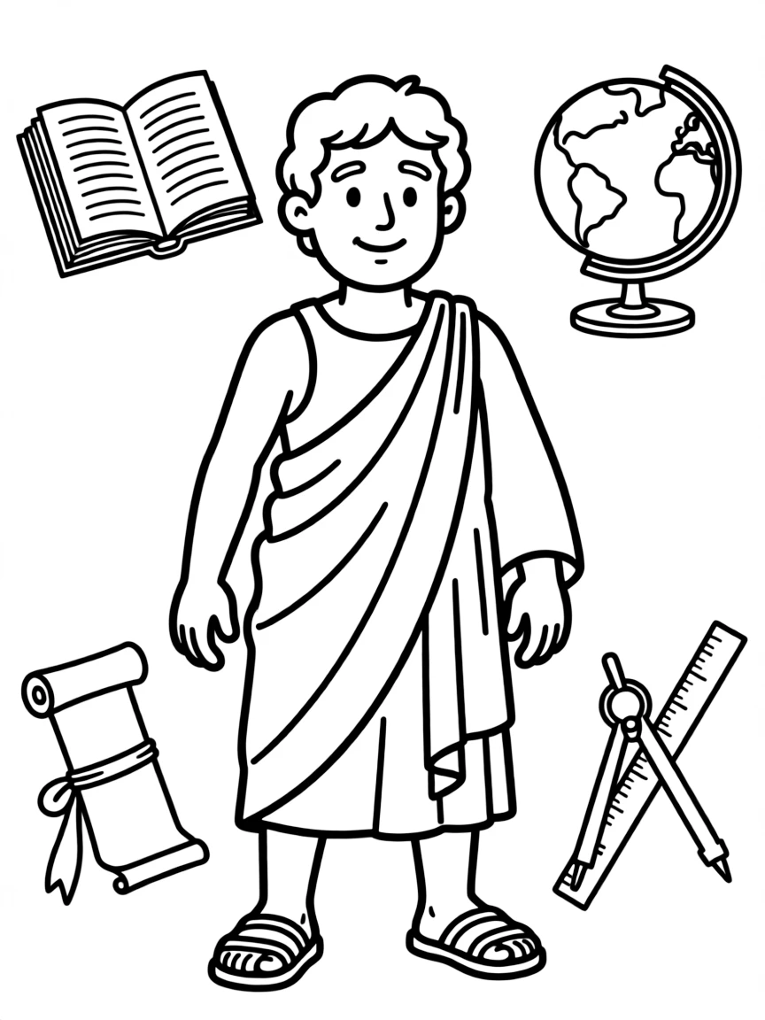 A cartoon-style drawing of Aristotle surrounded by symbols of their achievements, like books, tools, or globes.
