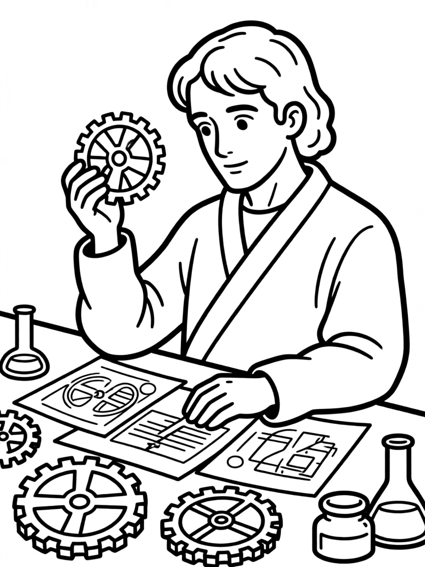 Leonardo da Vinci working on their famous invention or idea, with gears, papers, or lab equipment drawn simply.