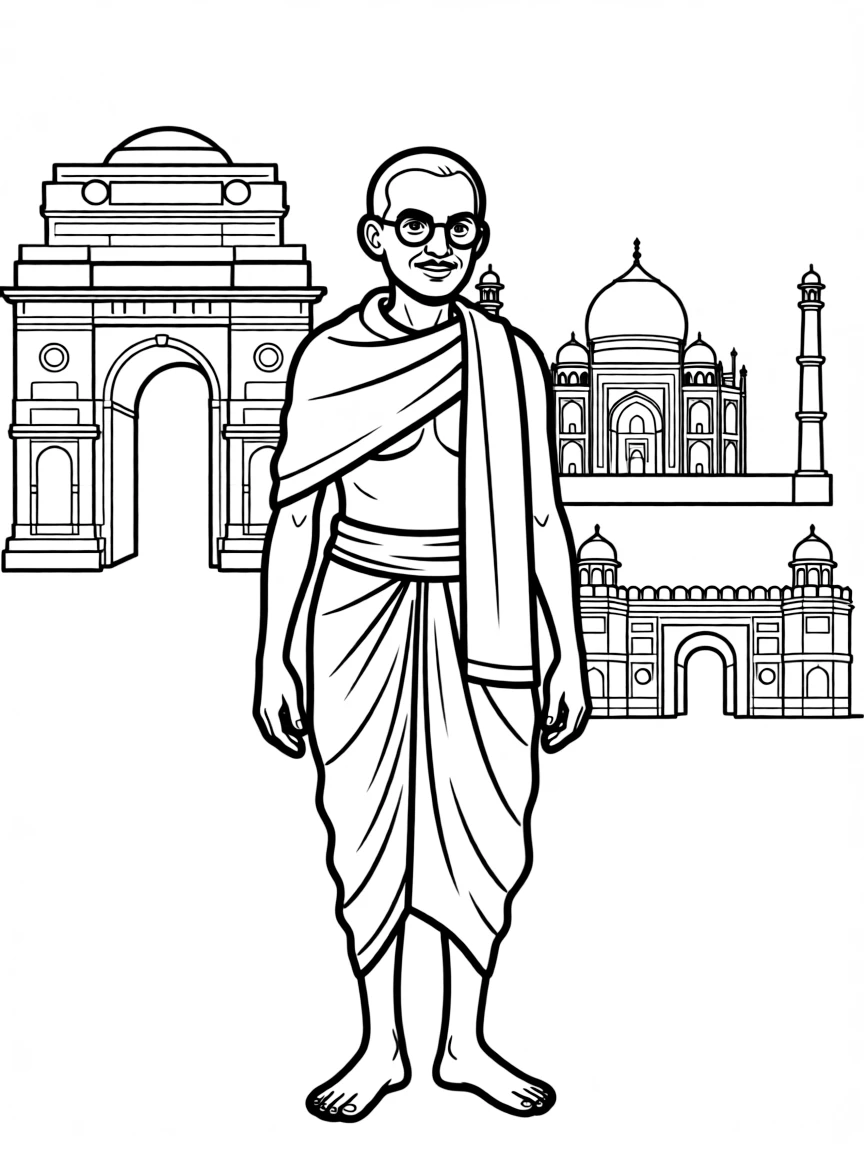Mahatma Gandhi standing proudly with historical landmarks in the background, drawn with clear bold lines for coloring.