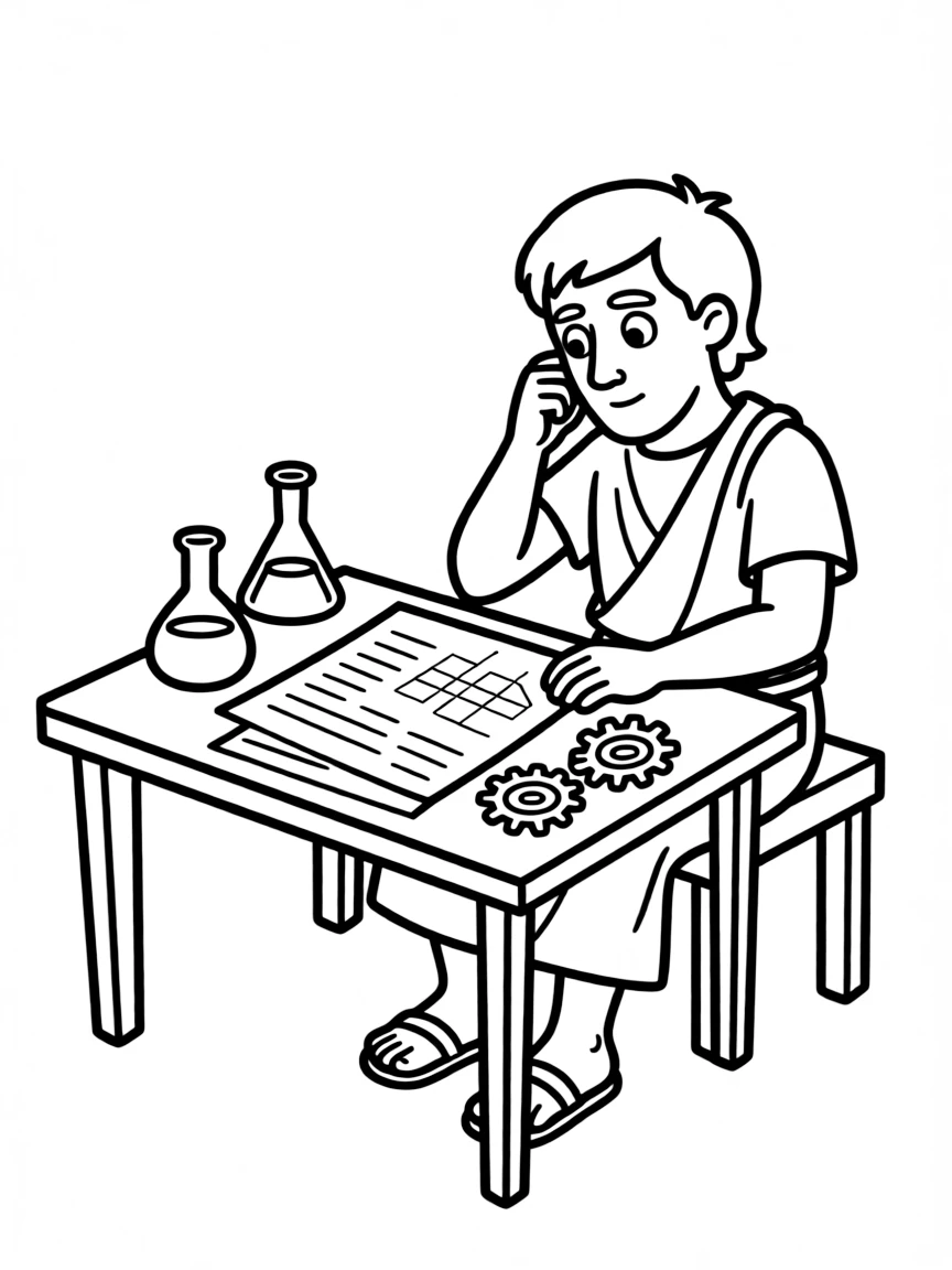 Aristotle working on their famous invention or idea, with gears, papers, or lab equipment drawn simply.