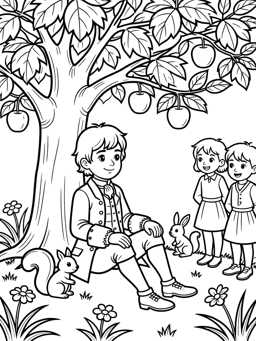 A playful scene showing Isaac Newton in a historical outfit with animals, plants, or kids nearby.