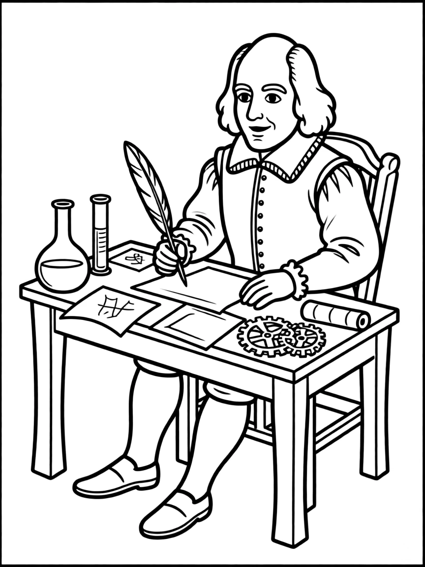 William Shakespeare working on their famous invention or idea, with gears, papers, or lab equipment drawn simply.