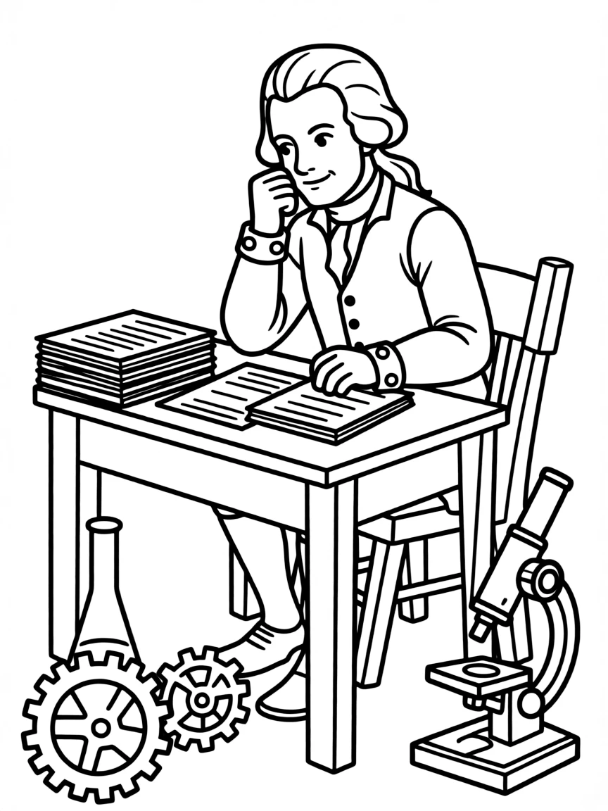 George Washington working on their famous invention or idea, with gears, papers, or lab equipment drawn simply.