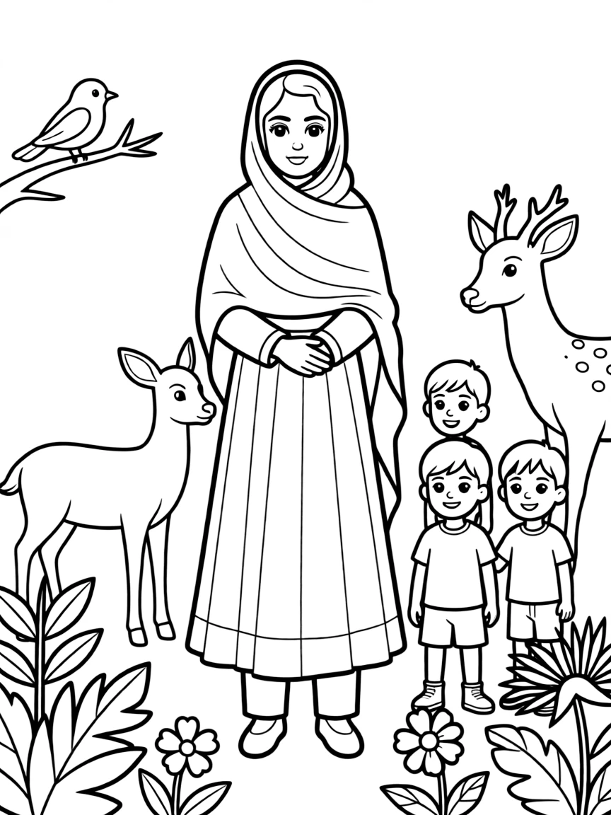 A playful scene showing Malala Yousafzai in a historical outfit with animals, plants, or kids nearby.