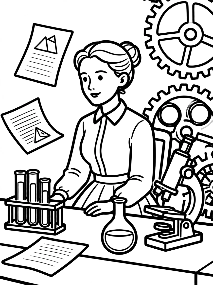 Marie Curie working on their famous invention or idea, with gears, papers, or lab equipment drawn simply.