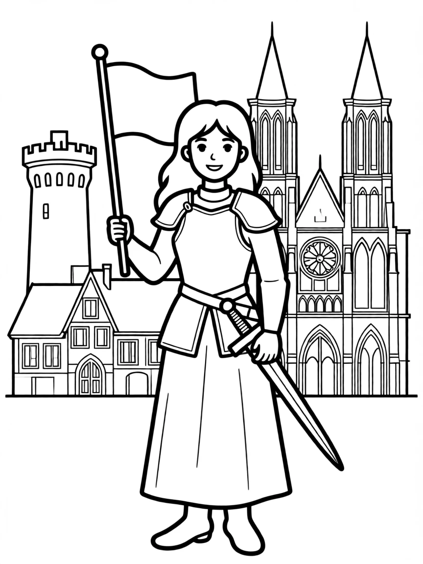 Joan of Arc standing proudly with historical landmarks in the background, drawn with clear bold lines for coloring.