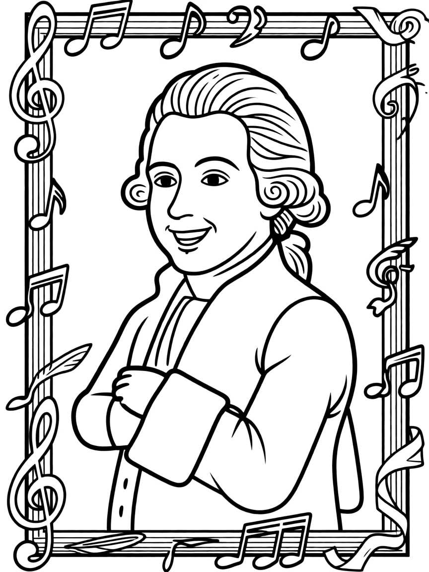 A portrait of Mozart with a big smile, framed with decorative borders and symbols of their time period.