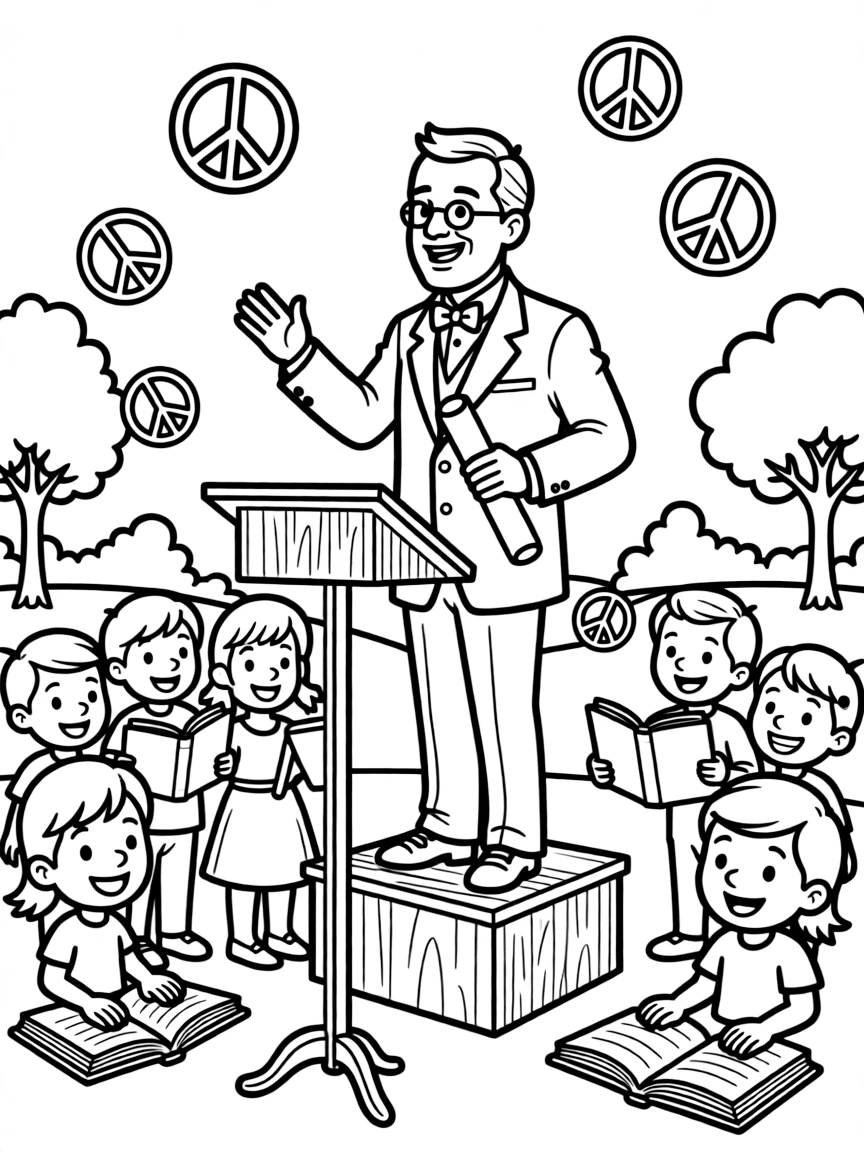 A fun coloring page of Theodore Roosevelt giving a speech to children with books and peace signs around.
