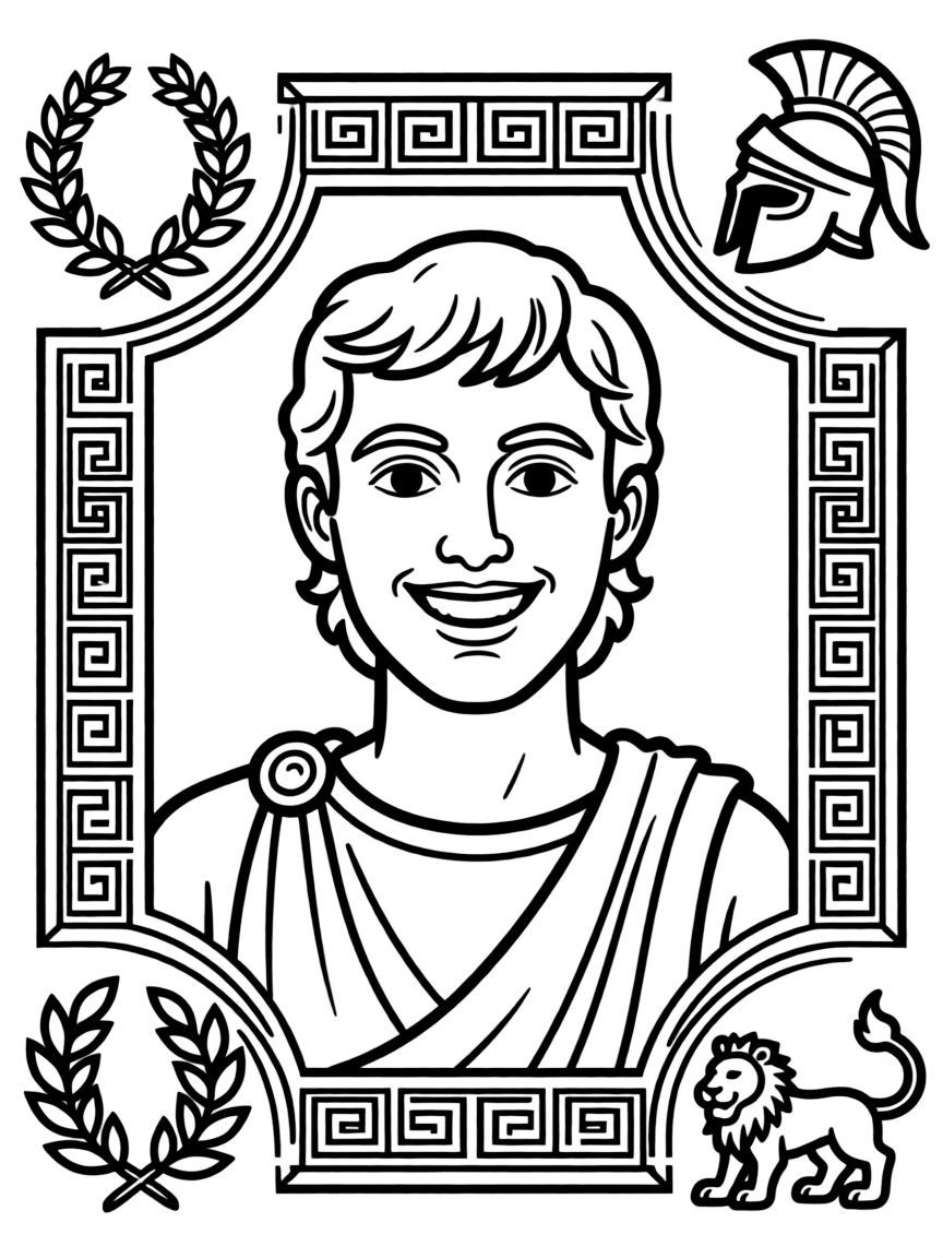 A portrait of Alexander the Great with a big smile, framed with decorative borders and symbols of their time period.