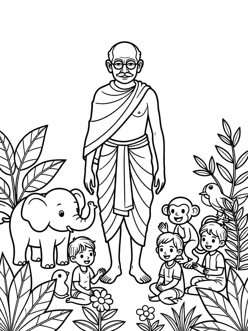 A playful scene showing Mahatma Gandhi in a historical outfit with animals, plants, or kids nearby.
