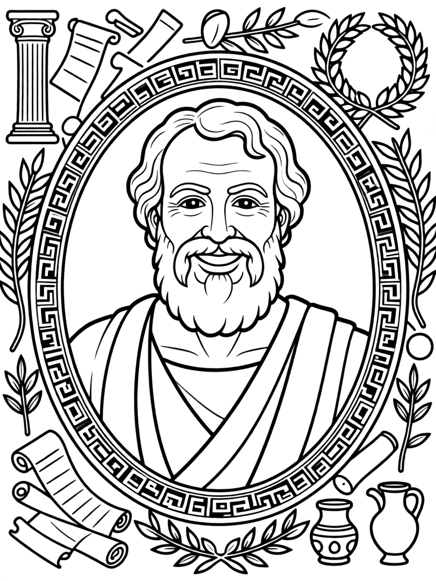 A portrait of Plato with a big smile, framed with decorative borders and symbols of their time period.