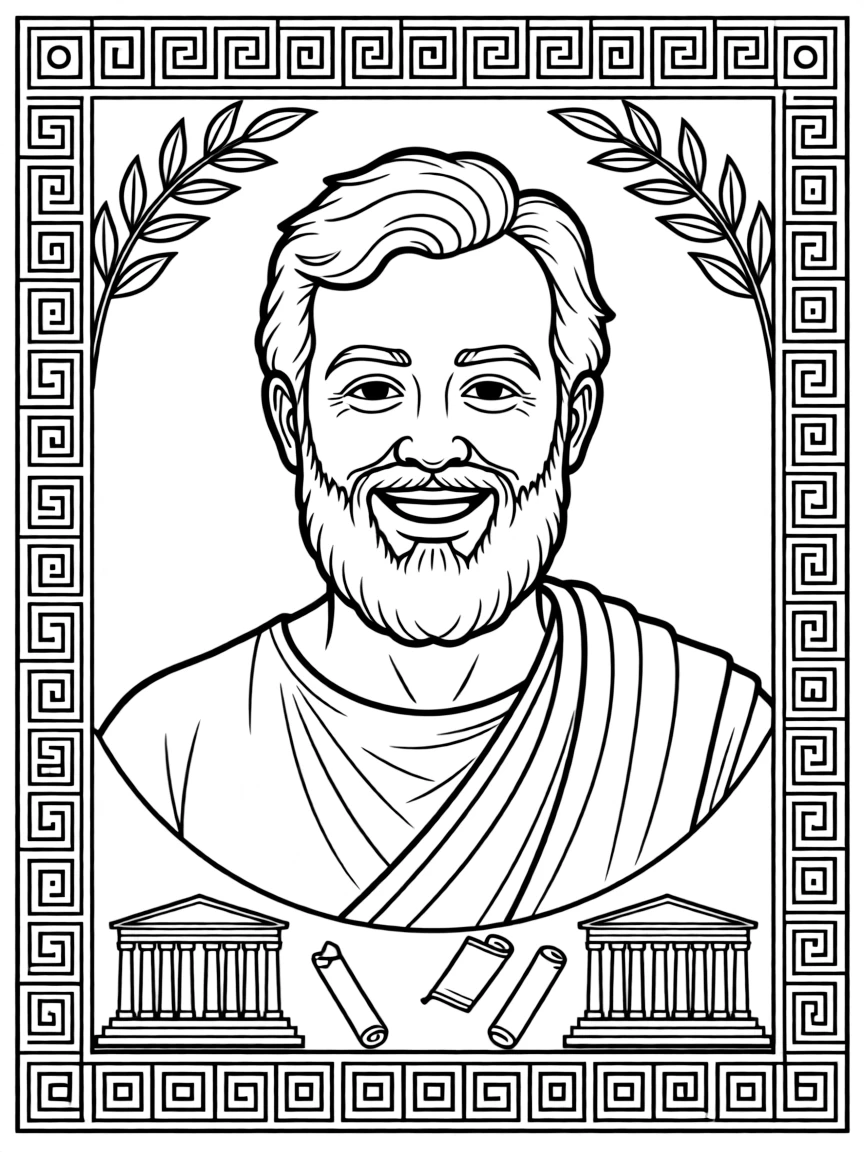 A portrait of Aristotle with a big smile, framed with decorative borders and symbols of their time period.