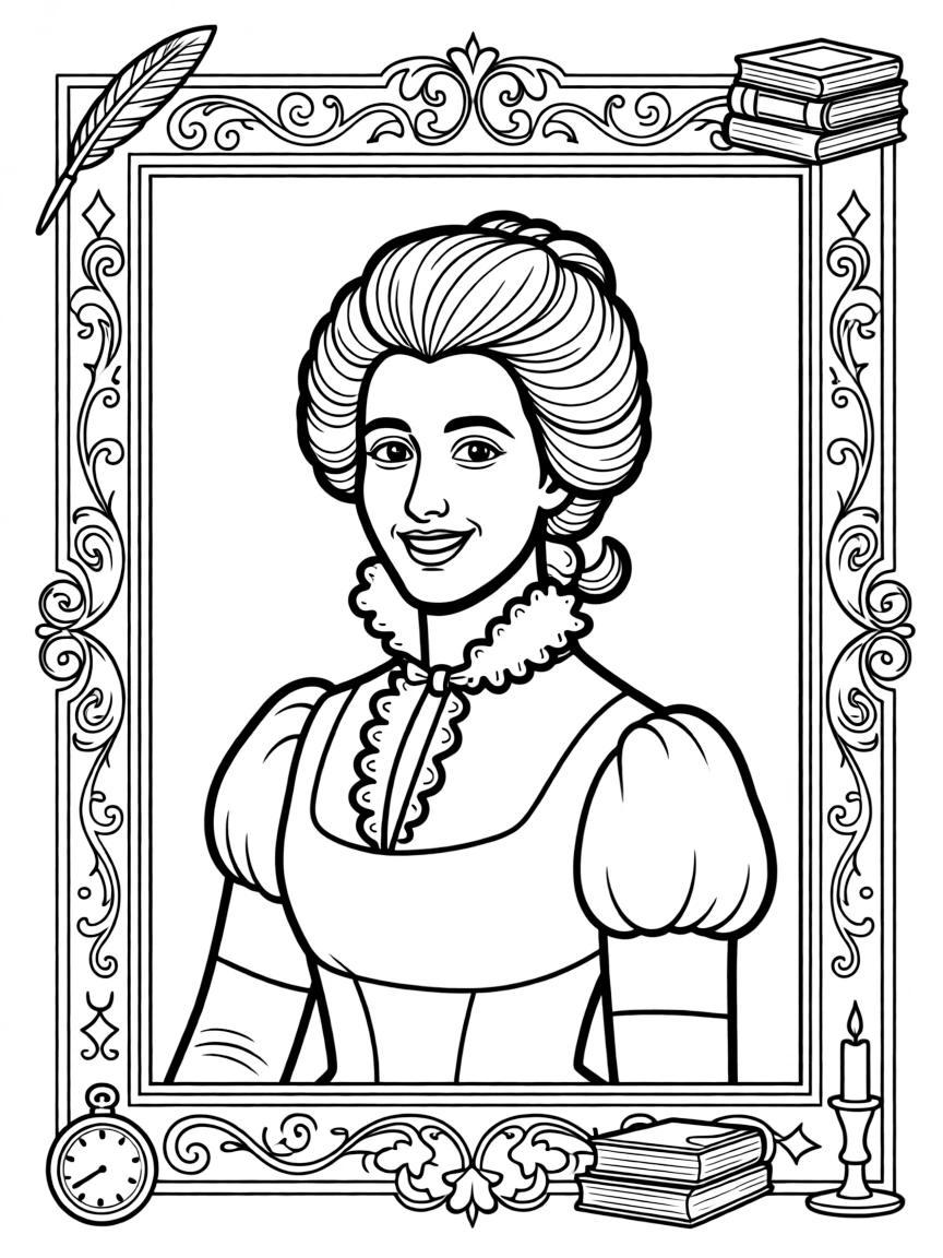 A portrait of Jane Austen with a big smile, framed with decorative borders and symbols of their time period.