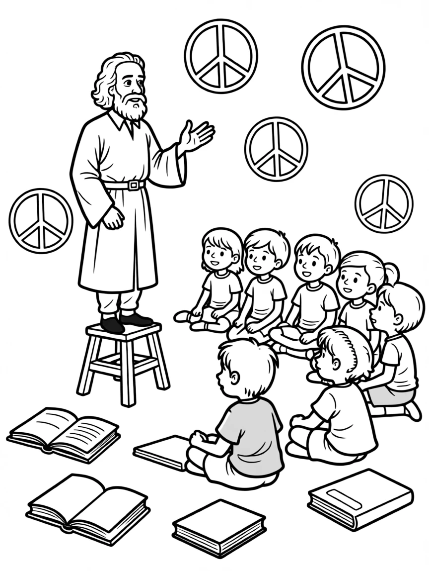 A fun coloring page of Galileo Galilei giving a speech to children with books and peace signs around.