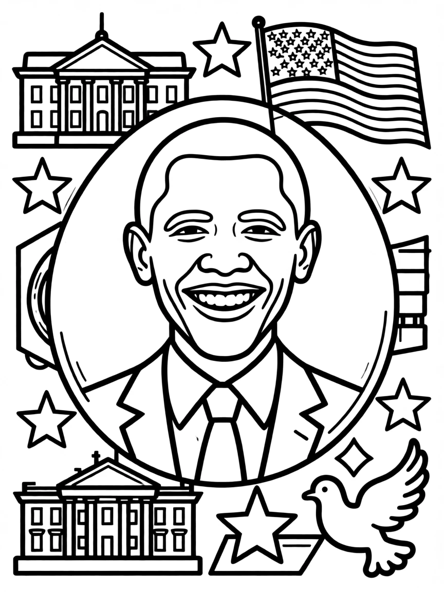 A portrait of Barack Obama with a big smile, framed with decorative borders and symbols of their time period.