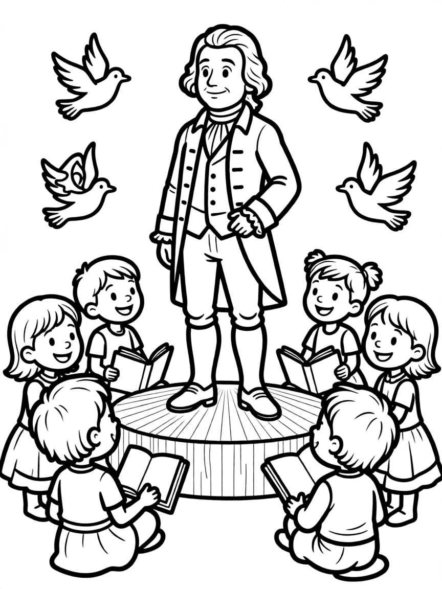 A fun coloring page of Benjamin Franklin giving a speech to children with books and peace signs around.
