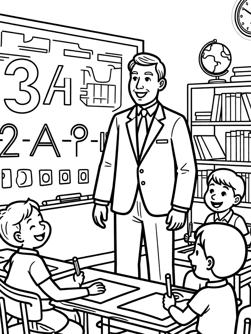 Theodore Roosevelt teaching children, with educational items like chalkboards and pencils, in a friendly classroom scene.