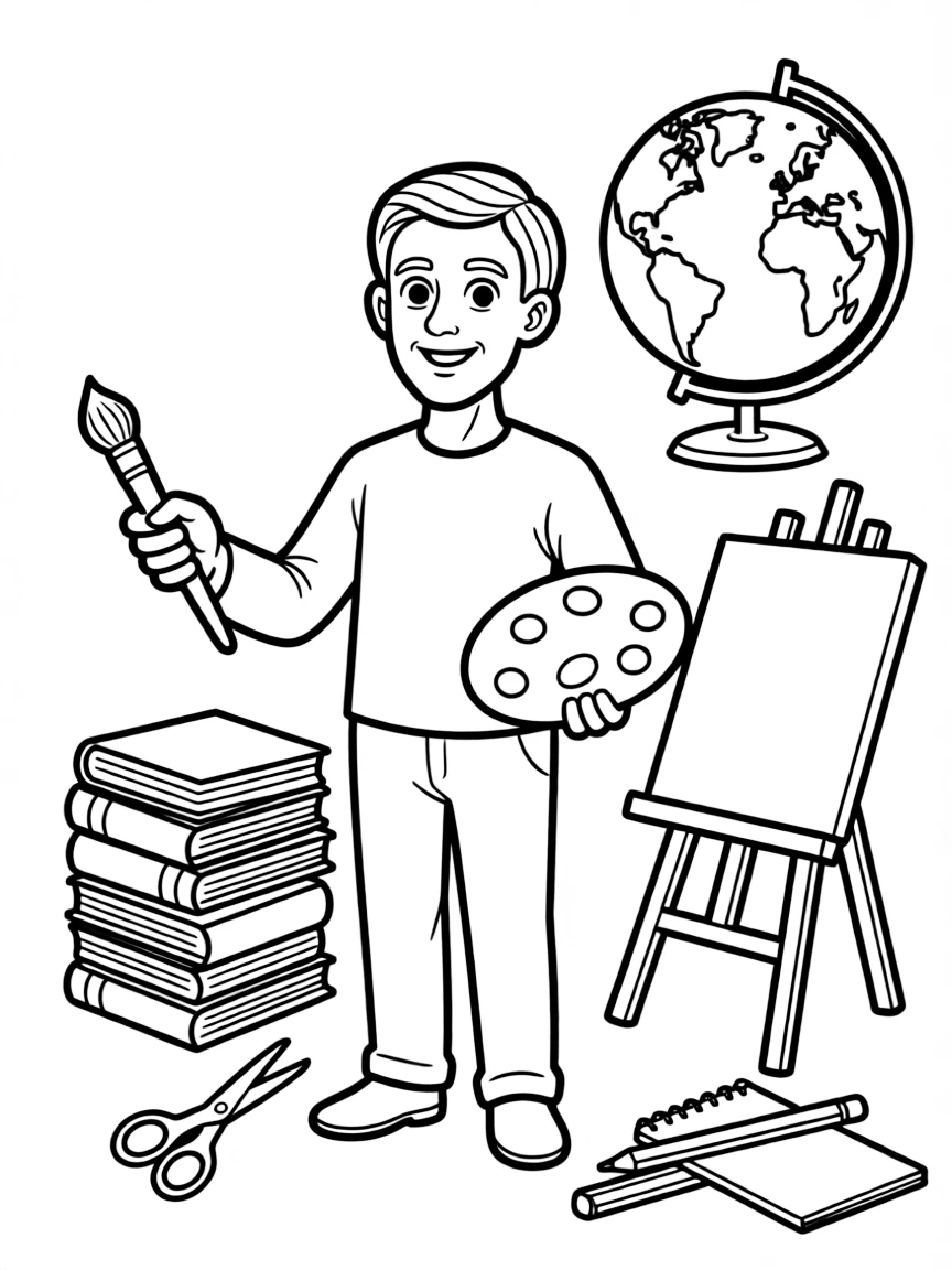 A cartoon-style drawing of Pablo Picasso surrounded by symbols of their achievements, like books, tools, or globes.