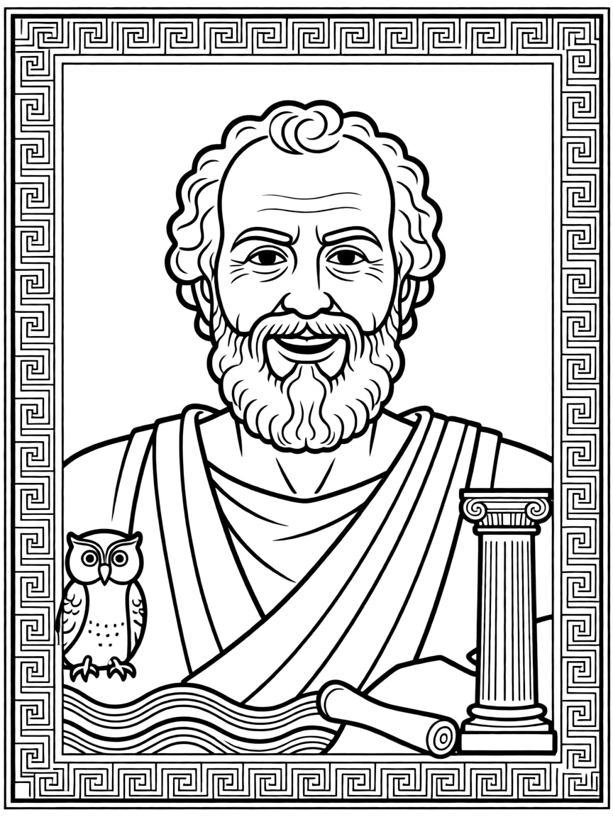 A portrait of Socrates with a big smile, framed with decorative borders and symbols of their time period.