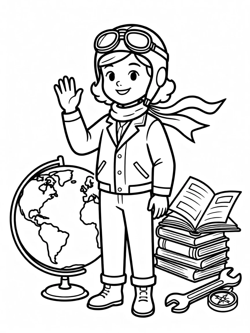 A cartoon-style drawing of Amelia Earhart surrounded by symbols of their achievements, like books, tools, or globes.