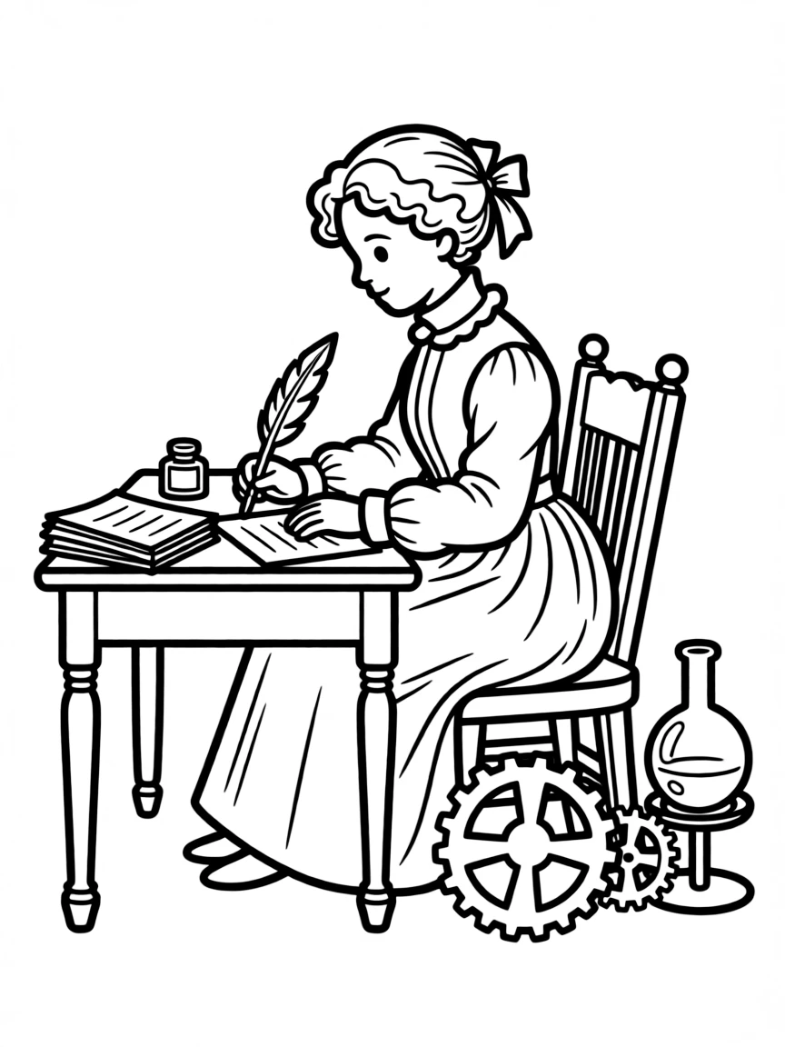 Ada Lovelace working on their famous invention or idea, with gears, papers, or lab equipment drawn simply.
