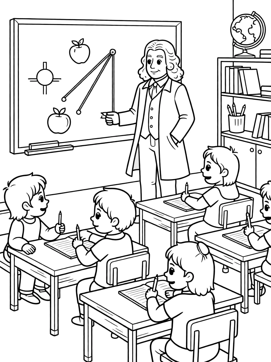Isaac Newton teaching children, with educational items like chalkboards and pencils, in a friendly classroom scene.