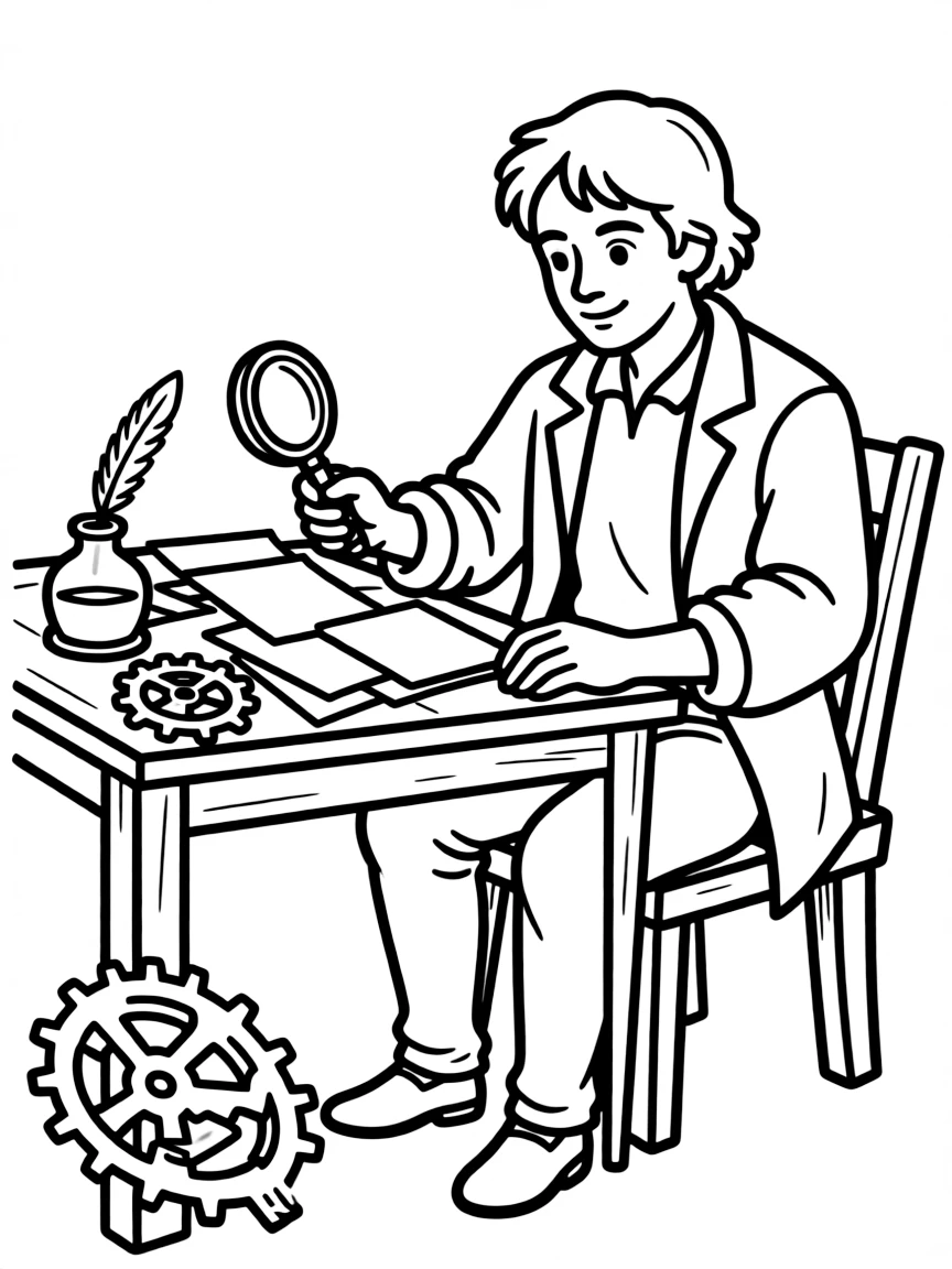 Christopher Columbus working on their famous invention or idea, with gears, papers, or lab equipment drawn simply.