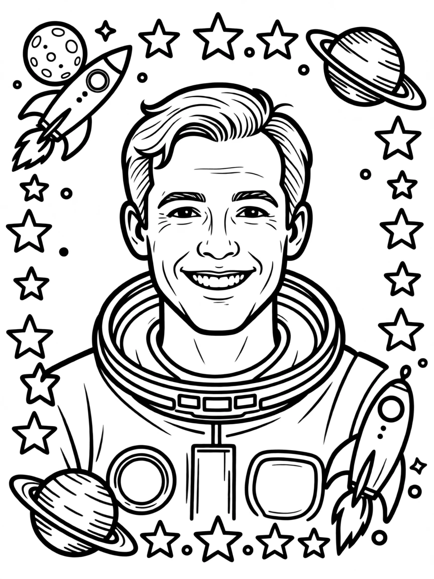 A portrait of Neil Armstrong with a big smile, framed with decorative borders and symbols of their time period.