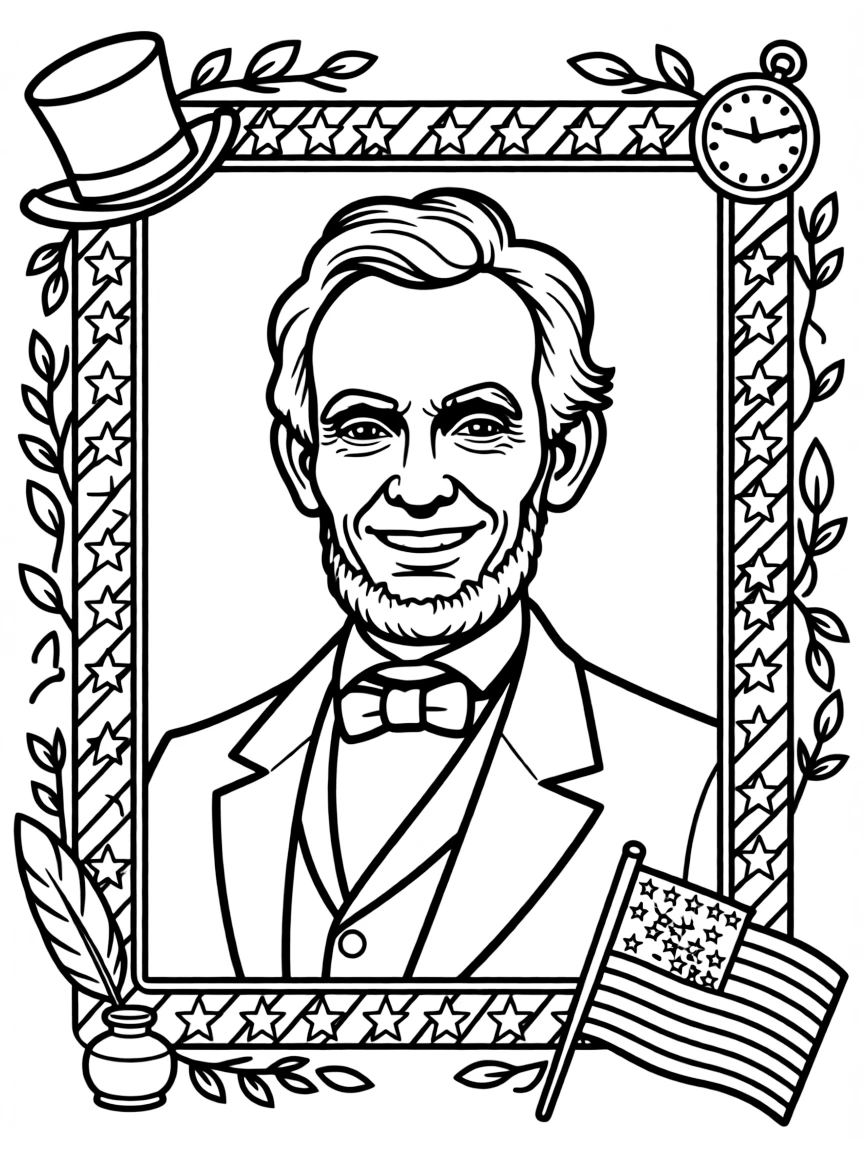 A portrait of Abraham Lincoln with a big smile, framed with decorative borders and symbols of their time period.