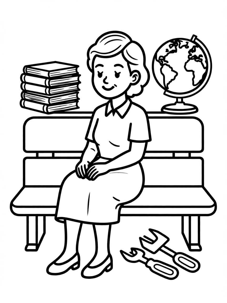 A cartoon-style drawing of Rosa Parks surrounded by symbols of their achievements, like books, tools, or globes.