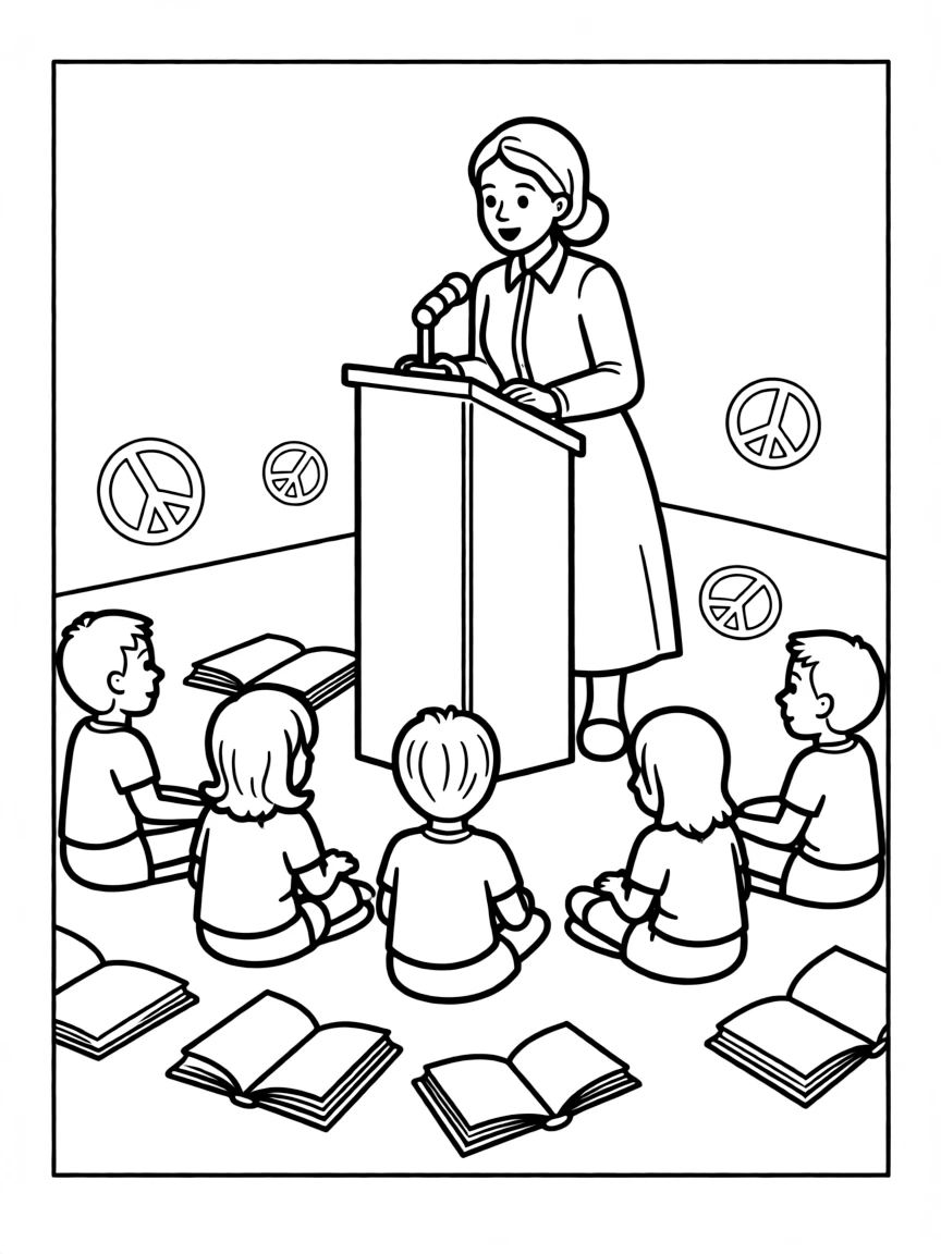 A fun coloring page of Helen Keller giving a speech to children with books and peace signs around.