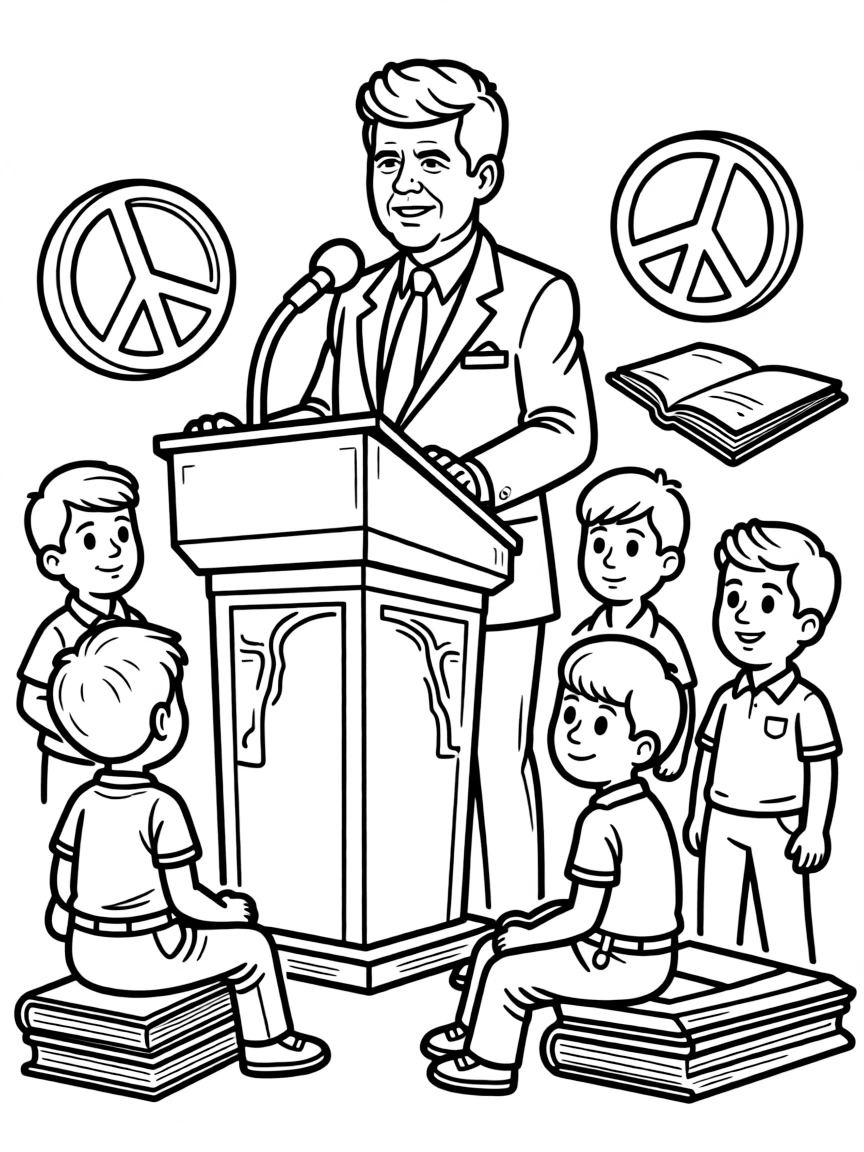 A fun coloring page of John F. Kennedy giving a speech to children with books and peace signs around.