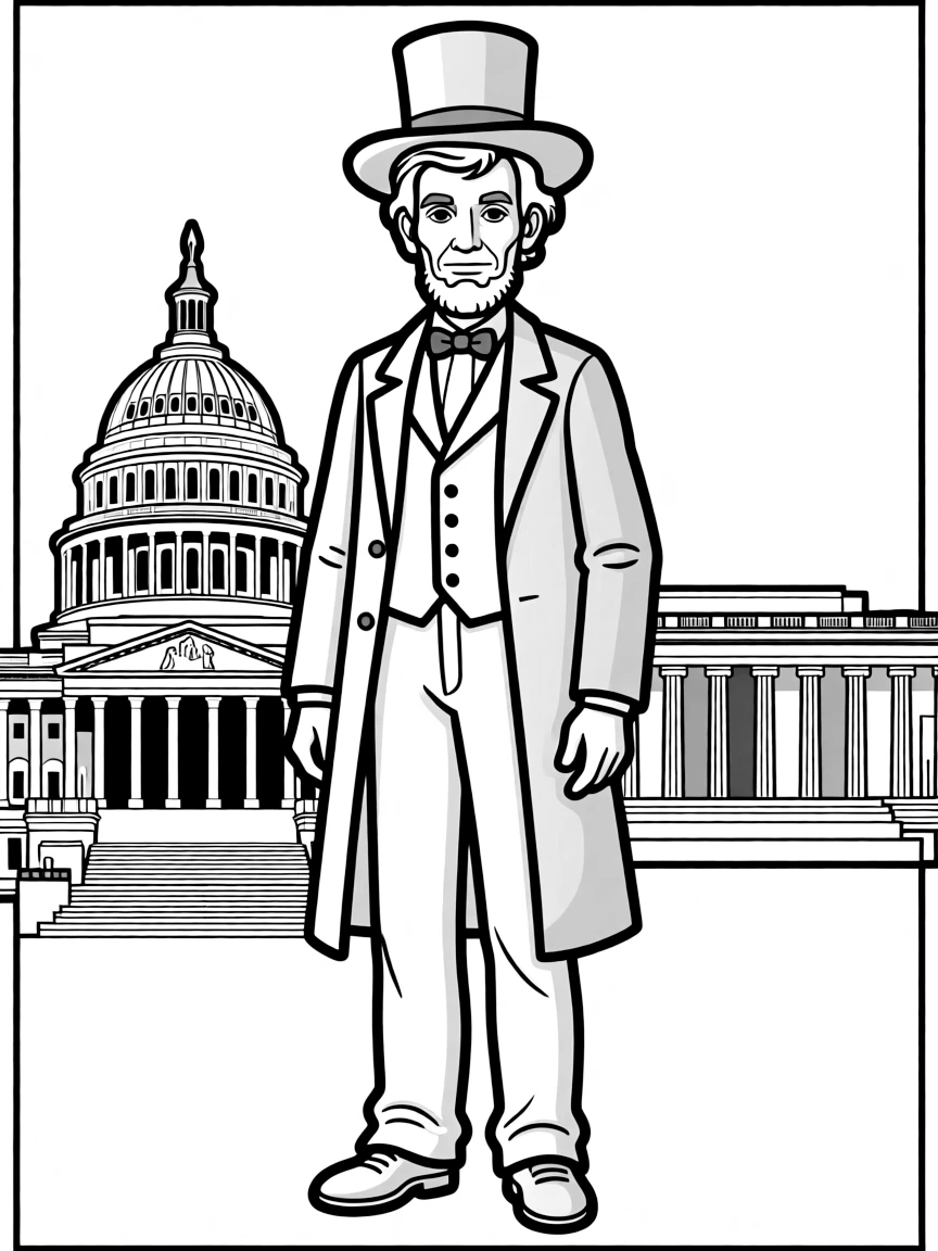 Abraham Lincoln standing proudly with historical landmarks in the background, drawn with clear bold lines for coloring.