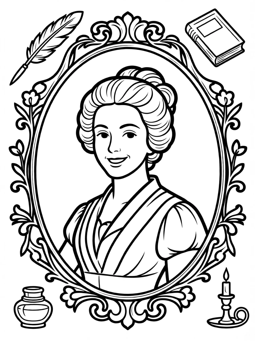 A portrait of Jane Austen with a big smile, framed with decorative borders and symbols of their time period.