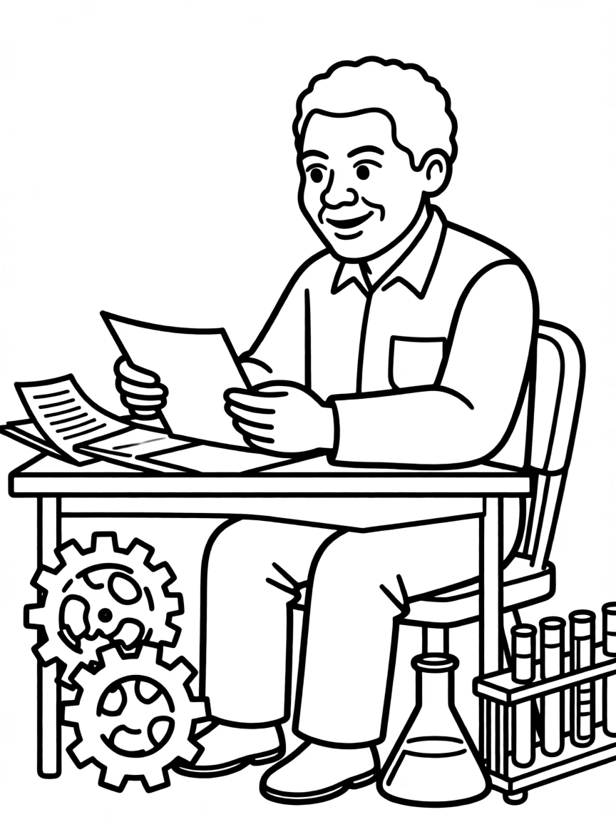 Nelson Mandela working on their famous invention or idea, with gears, papers, or lab equipment drawn simply.