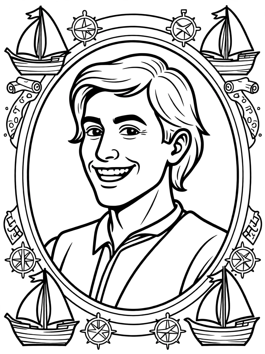 A portrait of Christopher Columbus with a big smile, framed with decorative borders and symbols of their time period.