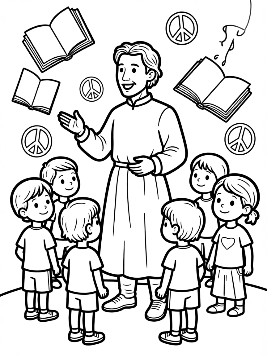 A fun coloring page of Leonardo da Vinci giving a speech to children with books and peace signs around.
