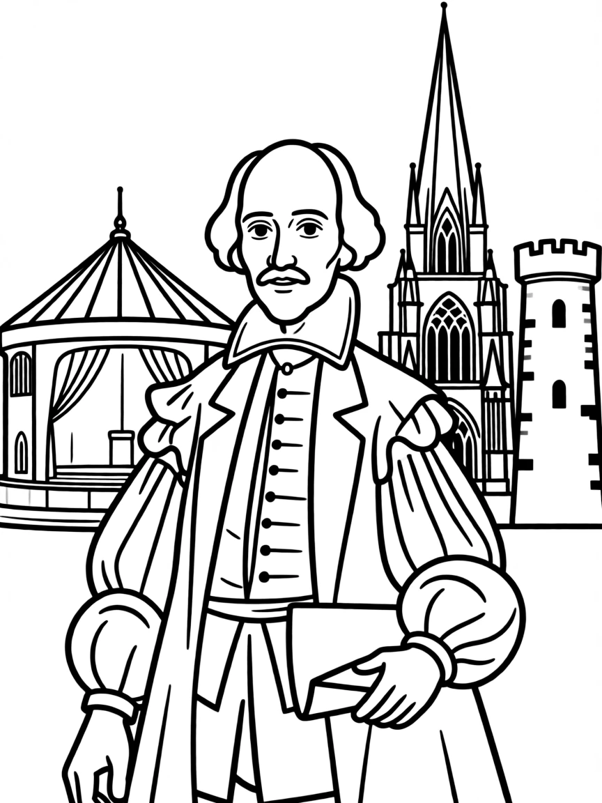 William Shakespeare standing proudly with historical landmarks in the background, drawn with clear bold lines for coloring.