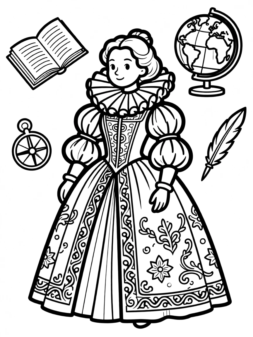 A cartoon-style drawing of Queen Elizabeth I surrounded by symbols of their achievements, like books, tools, or globes.